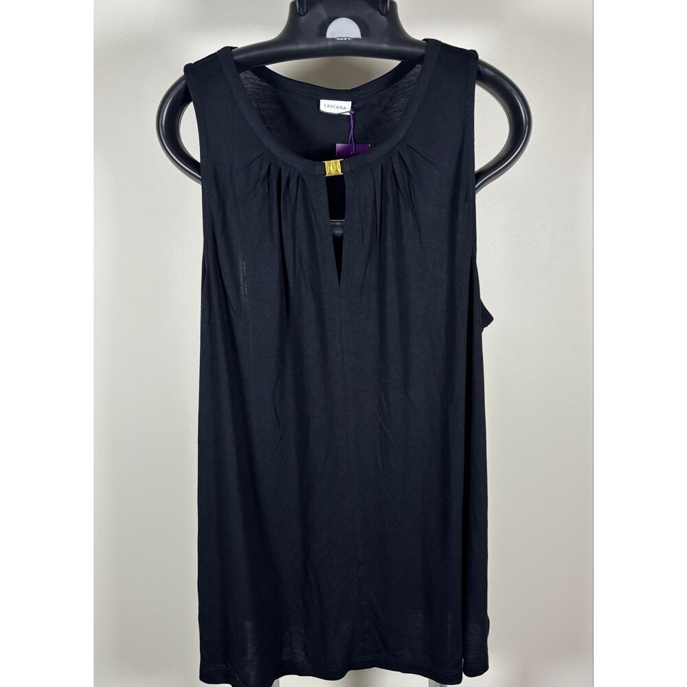 Lascana Pleated Sleeveless Gold Tone Keyhole Top Black Women's L NWT